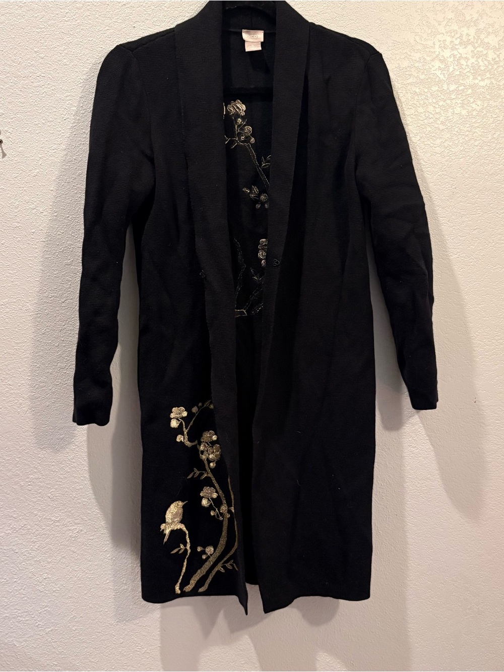 Chico’s Black Cardigan with Floral Embroidery, Size 0